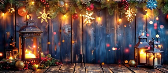 Christmas Lantern Illuminating a Wooden Table, Embellished with Decorations and String Lights, Set against a Background of Bokeh and Glittering Effects. Made with Generative AI Technology