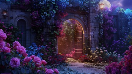 A secret garden hidden away behind ivy-covered walls, bursting with vibrant blooms of every color imaginable, under the soft light of a full moon.