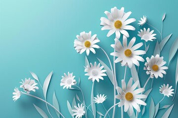 Illustration of paper flowers, daisies on blue, turquoise background