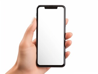 Human hand presenting a modern smartphone with an empty screen for mockup design.