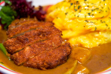 Crispy and delicious curry fried pork cutlet and omelette rice in Hong Kong style tea restaurant