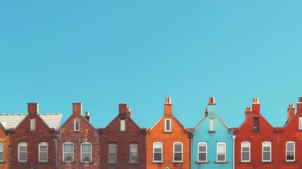 Fototapeta premium In a line, brick houses of varied red hues stand side by side, set against a vivid blue sky, seen from a flat angle. Uniform in structure, they form an orderly row.