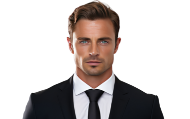 Serious Man in Suit and Tie. On a White or Clear Surface PNG Transparent Background.