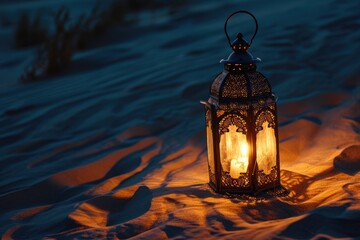 Eid Mubarak Banner with Illuminated Arabic Lamp on Sand During Early Morning or Evening Time.