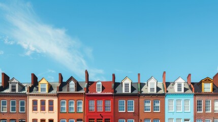Fototapeta na wymiar In a line, brick houses of varied red hues stand side by side, set against a vivid blue sky, seen from a flat angle. Uniform in structure, they form an orderly row.