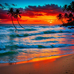a tropical beach scene with turquoise waves