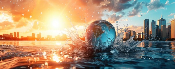Sunrise cityscape with a splash and glass sphere