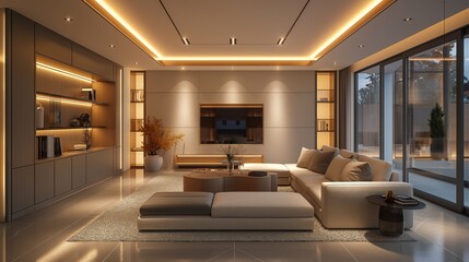 The image could be described as A modern living room interior featuring a fireplace, sofa, armchair, and contemporary decor in a luxurious and comfortable setting