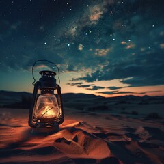 Illuminating the Desert Sunset- ancient oil lamp on sand dune.