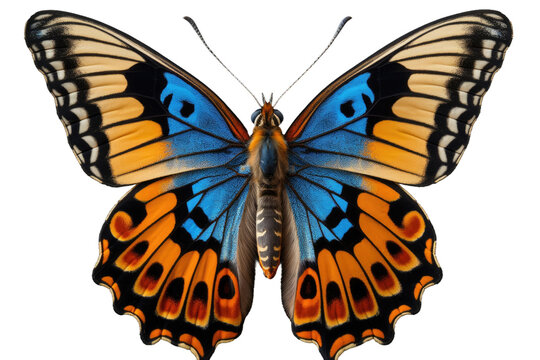 A Large Butterfly With Orange and Blue Wings. On a White or Clear Surface PNG Transparent Background.