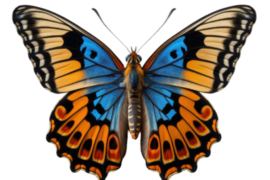 A Large Butterfly With Orange and Blue Wings. On a White or Clear Surface PNG Transparent Background.