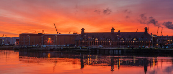 Port buildings in Szczecin during spectacular sunrise
