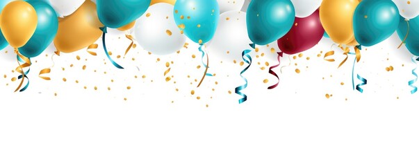 Festive balloons with ribbons and scattered confetti over white, representing celebration or party