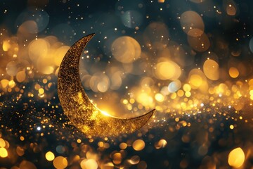 Eid Mubarak Banner with Elegant Crescent Moon on Enchanting Gold Dust. - obrazy, fototapety, plakaty