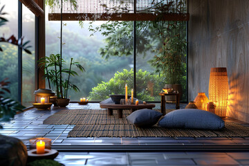 A zen balcony with a bamboo mat, a low table, a cushion, and some candles.