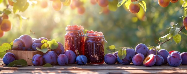 Fresh plum jam and ripe plums on wooden table - obrazy, fototapety, plakaty