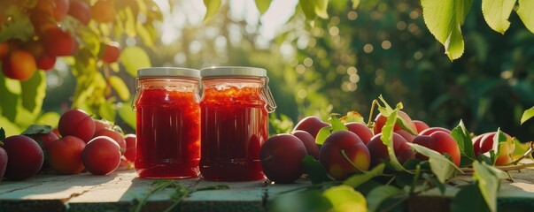 Homemade plum preserves in jars in sunlight - obrazy, fototapety, plakaty
