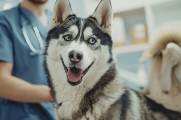 Owner brought her cute husky dog to appointment with male veterinarian in clinic