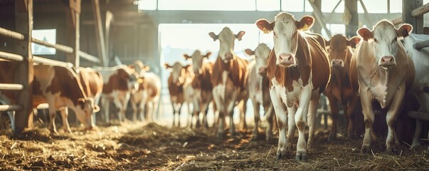 herd of cows in barn gazing through the wooden slats with focused expressions, animal agriculture - obrazy, fototapety, plakaty