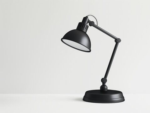 A sleek modern black desk lamp on a white background, symbolizing work, study, and modern interior design.