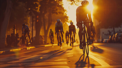 Cyclist competing in professional race at sunset