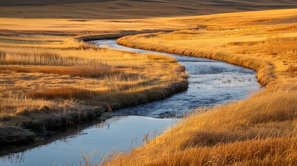 A meandering stream winding through golden fields of wheat, reflecting the afternoon sun