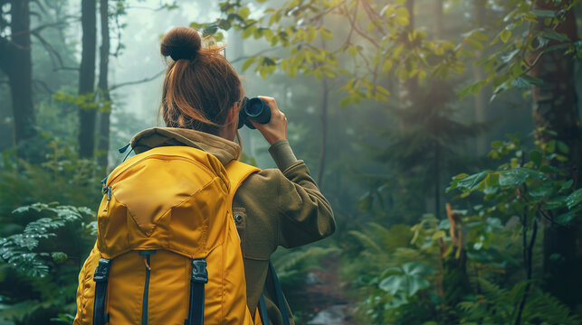 Rear view of woman hiker with backpack on a hiking trip in nature, using binoculars