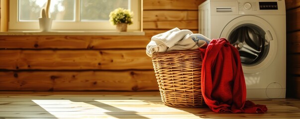 Laundry basket with towels in front of washer