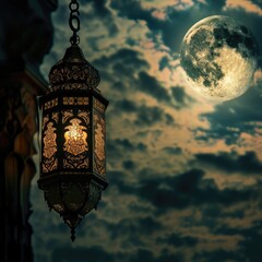 Fototapeta na wymiar Eid Mubarak Celebration Post with Illuminated Arabic Lamp Hang and Moonlight Sky View.