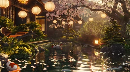 Fotobehang A tranquil Japanese garden, with meticulously manicured bonsai trees and serene koi ponds, under the soft glow of paper lanterns hanging from delicate cherry blossom branches. © Ayesha