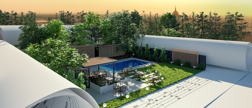 Entwurf eines Resorts mit Außengastronomie: Terrasse an einem Swimming Pool  - panoramische 3D Visualisierung