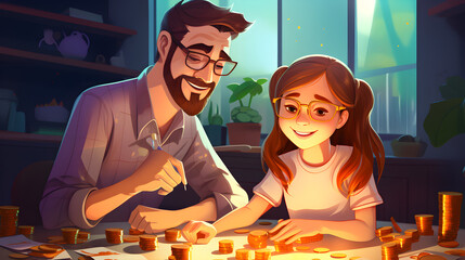 Cartoon characters dad and daughter. Father teaches his daughter to save and save money. The concept of early financial literacy for children. Vector illustration