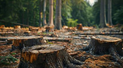 Dire consequences of deforestation with tree stumps