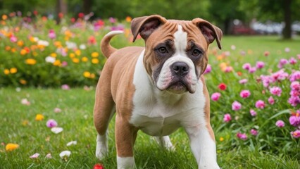 Fototapeta premium White and brown american bulldog in flower field