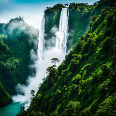 a large waterfall pouring off a cliff edge surrounded by a lush green jungle with mist rising off