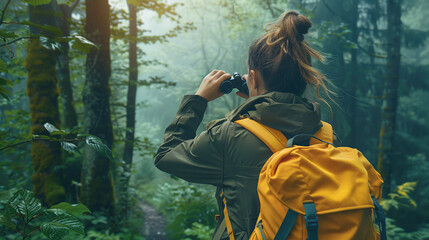 Rear view of woman hiker with backpack on a hiking trip in nature, using binoculars