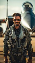 Fototapeta premium Man Standing in Front of Fighter Jet
