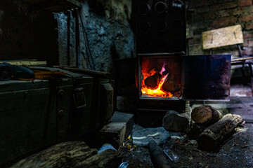 wood stove in the basement