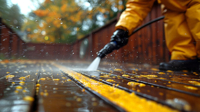 Cleaning Power: Worker Scrubbing Deck with High-Pressure Washer
