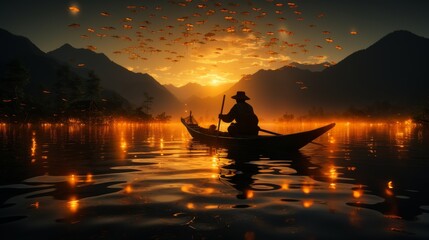 Man Boating on Lake at Sunset