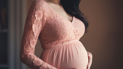 Pregnancy background - Closeup of pretty young pregnant woman with pregnancy belly, in soft elegance pink textile clothes - obrazy, fototapety, plakaty