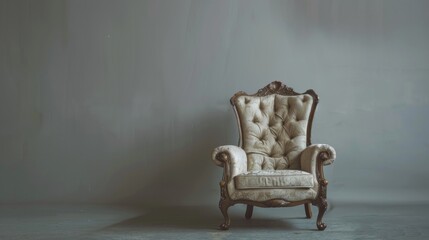 A Fashionable designer beige chair set against a grey backdrop. This piece of seating furniture exudes contemporary elegance. - obrazy, fototapety, plakaty