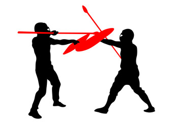 Men in sport fight with swords on white background