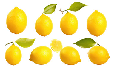 Group of Lemons With Leaves on White Background. On a White or Clear Surface PNG Transparent Background.