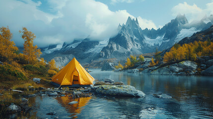 Mountain Adventure: Setting Up a Tent with Poles - obrazy, fototapety, plakaty