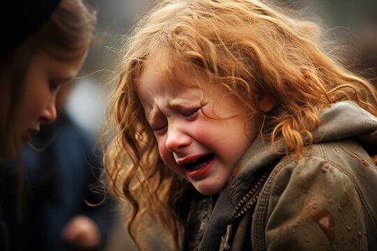 Photograph of a sobbing child, with their parent's form softened in the background, symbolizing the emotional distance between them in the moment