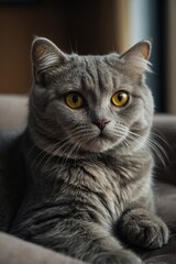 Obraz premium British Shorthair cat with yellow eyes lying on the sofa.