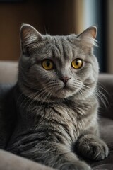 British Shorthair cat with yellow eyes lying on the sofa.