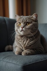 British Shorthair cat with yellow eyes lying on the sofa.