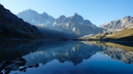 Fototapeta premium A tranquil lake surrounded by towering mountains, its surface mirror-like in the early morning light